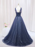 Blue Tulle Beaded Long Prom Dress, Blue Evening Party Dress HZ0429