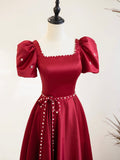 Burgundy Satin Short Sleeve Floor Length Prom Dress, Burgundy Evening Dress with Pearls HZ0429