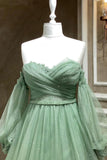 Green Tulle Long Sleeve Prom Dress, A-Line Off the Shoulder Evening Dress HZ0429