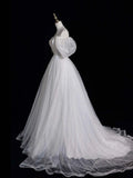 White Tulle Long Prom Dress, Off the Shoulder Short Sleeve Formal Evening Dress HZ0429