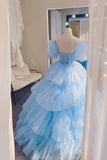 Sky Blue Fairy Tulle Long Ball Gown, Beautiful Short Puff Sleeve Formal Dress HZ0429