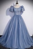 Blue Tulle Beading Long Prom Dresses, A-Line Short Sleeve Evening Dresses HZ0429
