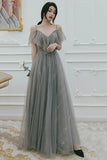 Gray Tulle Sequins Long Prom Dresses, A-Line Evening Dresses HZ0429