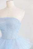 Blue Layers Tulle Long Prom Dresses, A-Line Strapless Evening Dresses HZ0429