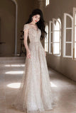 Champagne Sequin Evening Gown V/Sweetheart Neck Formal Prom Dress, Sparkle Ball Gown HZ0429