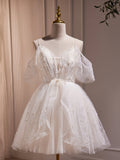 Ivory V-Neck Beaded Straps Party Dress, Ivory Knee Length Prom Dress HZ0429