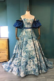 Blue Floral Long Senior Prom Dress, Blue A-Line Evening Dress HZ0429