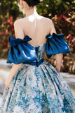 Blue Floral Long Senior Prom Dress, Blue A-Line Evening Dress HZ0429
