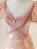 Pink Sequins Long Prom Dress, Lovely A-Line Short Sleeve Evening Party Dress HZ0429