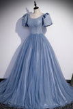 Blue Tulle Beading Long Prom Dresses, A-Line Short Sleeve Evening Dresses HZ0429