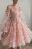 Pink Tulle Short Prom Dresses, Cute Puff Sleeved Mini Party Dresses HZ0429