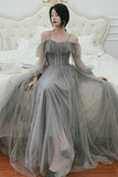 Gray Tulle Sequins Long Prom Dresses, A-Line Evening Dresses HZ0429
