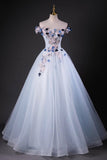 Beautiful A-Line Tulle Beads Long Prom Dress, Blue Off the Shoulder Formal Dress HZ0429