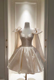 Champagne Satin Strapless Prom Dress with Bow Shoulder HZ0429