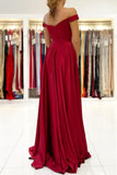 Burgundy Satin Long Prom Dresses, A-Line Off the Shoulder Evening Dresses HZ0429