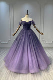 Purple Ombre Ball Gown Off Shoulder Lace Up Back Prom Dress with Glitter Tulle HZ0429