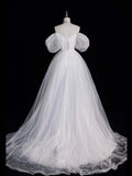 White Tulle Long Prom Dress, Off the Shoulder Short Sleeve Formal Evening Dress HZ0429