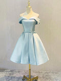 Simple Short Light Blue Satin Party Dress, Blue A-Line Off the Shoulder Evening Dress HZ0429