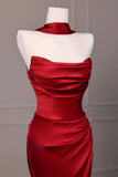 Burgundy Satin Long Prom Dress, Mermaid Backless Evening Party Dress with Slit HZ0429