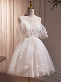 Ivory V-Neck Beaded Straps Party Dress, Ivory Knee Length Prom Dress HZ0429