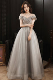 Grey Tulle Long Prom Dresses, A-Line Off the Shoulder Prom Dresses HZ0429