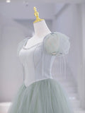 Green Tulle Floor Length Prom Dress, Green Short Sleeve Evening Party Dress HZ0429