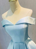 Simple Short Light Blue Satin Party Dress, Blue A-Line Off the Shoulder Evening Dress HZ0429