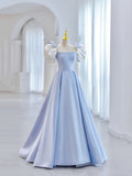 Blue Short Sleeve Saitn Formal Evening Dress, Cute A-Line Junior Prom Dress HZ0429