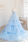 Blue Layers Tulle Long Prom Dresses, A-Line Strapless Evening Dresses HZ0429