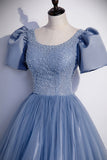 Blue Tulle Beading Long Prom Dresses, A-Line Short Sleeve Evening Dresses HZ0429