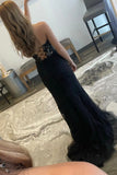 Black Lace Long Prom Dress with Slit, Black Strapless Evening Party Dress HZ0429