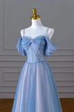 Blue Spaghetti Strap Tulle Floor Length Prom Dress, A-Line Evening Dress HZ0429