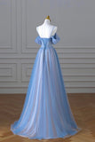 Blue Spaghetti Strap Tulle Floor Length Prom Dress, A-Line Evening Dress HZ0429
