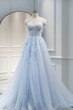 Blue Sweetheart Neck Lace Floor Length Prom Dress, Lovely Blue Evening Dress HZ0429