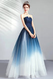 Blue Gradient Tulle Long Party Dresses, A-Line Elegant Lace-Up Prom Dresses HZ0429
