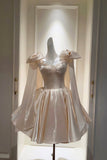 Champagne Satin Strapless Prom Dress with Bow Shoulder HZ0429