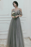 Gray Tulle Sequins Long Prom Dresses, A-Line Evening Dresses HZ0429