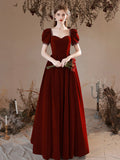 Burgundy Velvet Floor Length Prom Dress, Burgundy Short Sleeve Formal Dress HZ0429