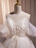 Ivory V-Neck Beaded Straps Party Dress, Ivory Knee Length Prom Dress HZ0429