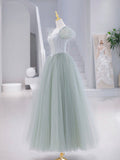 Green Tulle Floor Length Prom Dress, Green Short Sleeve Evening Party Dress HZ0429