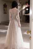 Champagne Sequin Evening Gown V/Sweetheart Neck Formal Prom Dress, Sparkle Ball Gown HZ0429