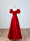 Red Satin Long Prom Dress, Simple A-Line Short Sleeve Evening Party Dress HZ0429