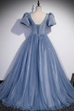 Blue Tulle Beading Long Prom Dresses, A-Line Short Sleeve Evening Dresses HZ0429