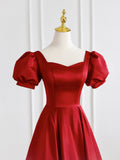 Red Satin Long Prom Dress, Simple A-Line Short Sleeve Evening Party Dress HZ0429