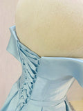 Simple Short Light Blue Satin Party Dress, Blue A-Line Off the Shoulder Evening Dress HZ0429