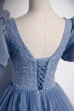 Blue Tulle Beading Long Prom Dresses, A-Line Short Sleeve Evening Dresses HZ0429