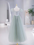 Green Tulle Floor Length Prom Dress, Green Short Sleeve Evening Party Dress HZ0429