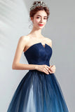 Blue Gradient Tulle Long Party Dresses, A-Line Elegant Lace-Up Prom Dresses HZ0429