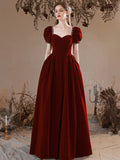 Burgundy Velvet Floor Length Prom Dress, Burgundy Short Sleeve Formal Dress HZ0429