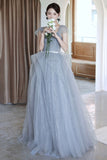 Lovely Tulle Long A-Line Prom Dress, Blue Tulle Evening Dress HZ0429